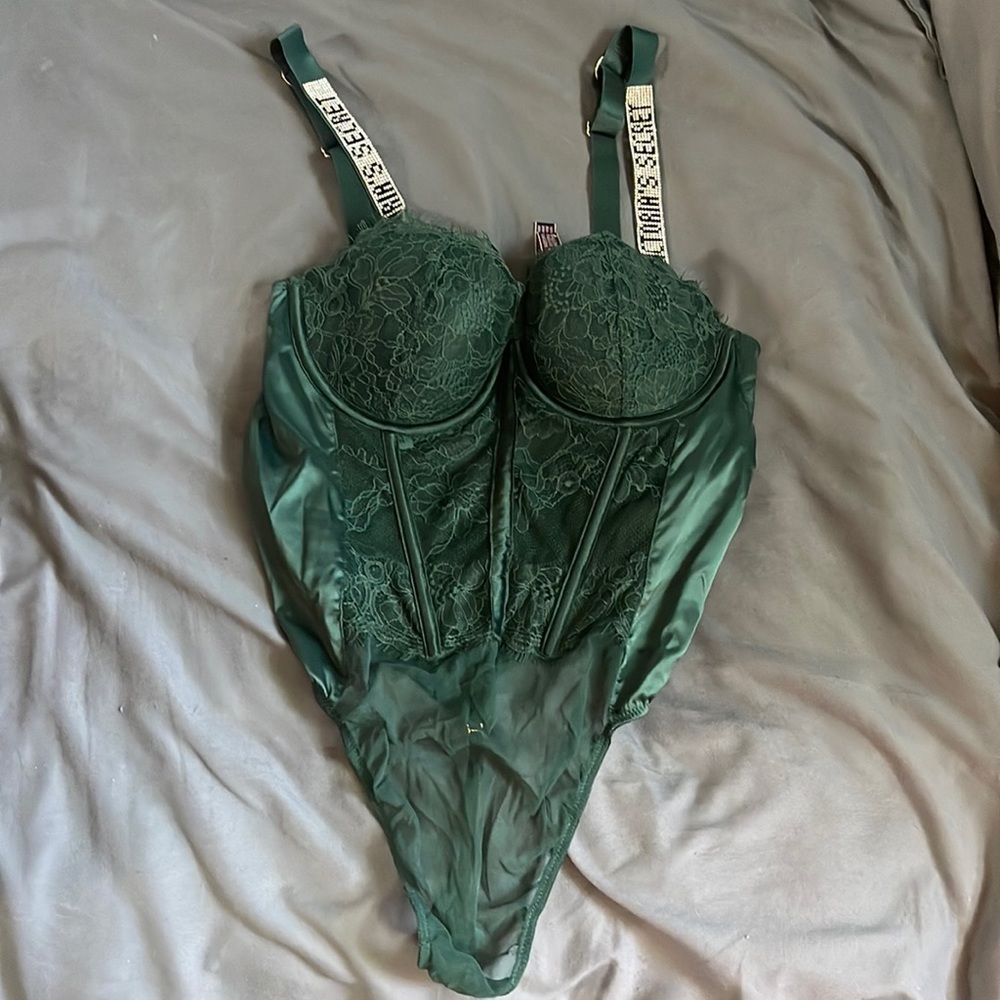 Victoria’s Secret shine strap bodysuit, green lace